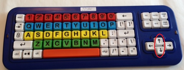 Big blue keyboard w up down arrow keys circled